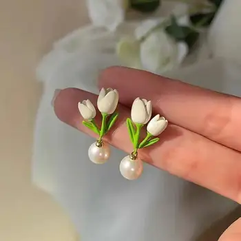 Čerstvé Jednoduché Tulipán Simulované-pearl Prívesok Náušnice Kompaktný Roztomilý Kvet Stud Náušnice Super Víla Denne Kolokačných