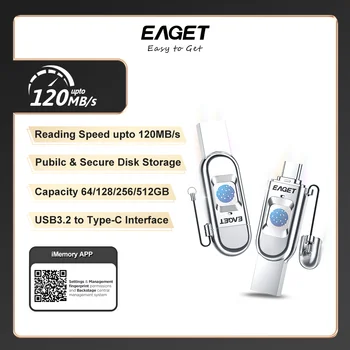 EAGET FU68 Odtlačkov prstov Šifrovanie Jednotky USB Flash 32G 64 G 128G 256G Typ-C, USB 3.2 Údaje Šifrovací kľúč,USB Pamäť Disku