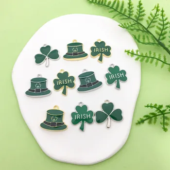 10pcs St. Patrick ' s Day Ďatelina zobrazili kľúčové tlačidlá pre Šperky, Takže Smalt Zelený Klobúk Leaf Prívesky pre Náhrdelník Náramok, Náušnice, Takže