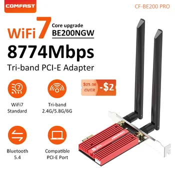 WiFi7 Intel Be200NGW PCI-E Bezdrôtový Adaptér 8774Mbps Tri-band 2.4 G/5G/6GH Sieťová Karta High Gain Anténa technológie Bluetooth 5.4 Pre PC