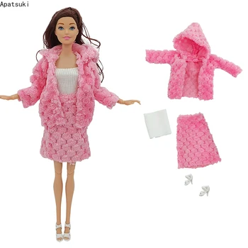 Ružová Kožušiny Módne Oblečenie Set pre Bábiku Barbie Oblečenie Ručné Biele Topy Kabát a Sukne Sandál Topánky Pre Barbie 1/6 Príslušenstvo