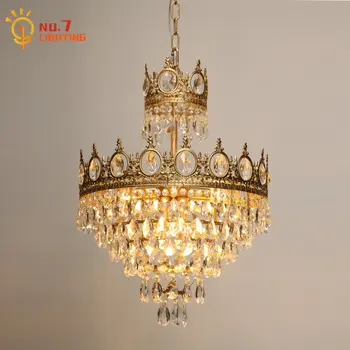 Francúzska Klasická Zlatá Lesk Medi Crystal Koruny Prívesok Svetlo LED E14 Umelecké Dekoratívne Visí Lampa Spálňa Posteli Obývacia Izba