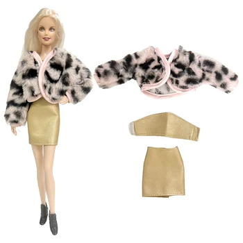 NK 1 Sada Šťastná Dievča Bábiku Príslušenstvo šaty strane imitácia kožušiny + top + kožené mini sukňa Pre Barbie Bábika 1/6 Hračka