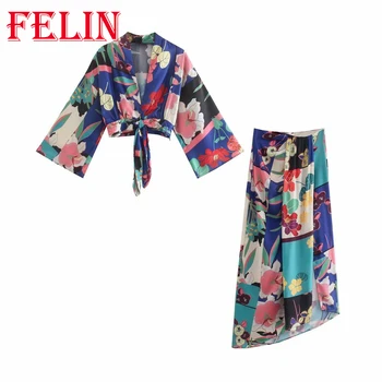 Za 2021 Ženy Kvetinový Tlač Vintage Kimono Nastavuje V Krku Luk Krídla Dlhý Rukáv Mujer Ostrihané Topy a Vysoký Pás Midi Sukne, Obleky