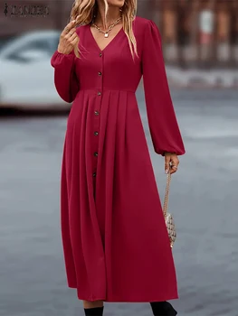 ZANZEA Ženy Lístkového Rukáv Vestidos Módneho tvaru Župan Elegantné 2023 Jeseň Šaty Skladaný Pás Streetwear Tlačidlo Hore Midi Šaty