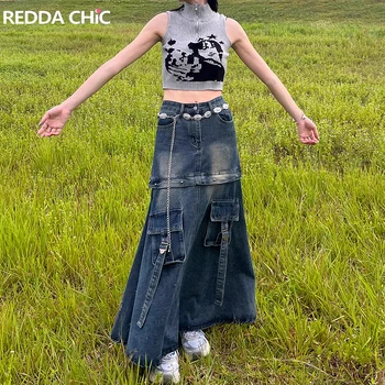ReddaChic 2-V-1 Cargo Denim Maxi Sukne pre Ženy Vrecká Steh-line Vysoký Pás Dlhé Džínsy, Sukne 90. rokov Retro Y2k Streetwear
