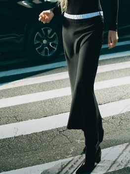 2024 Patchwork Midi Sukne pre Ženy Jeseň Strane Zips Tlačidlá Vysoký Pás A-line Dlho Faldas Bežné Streetwear Módy Sukne