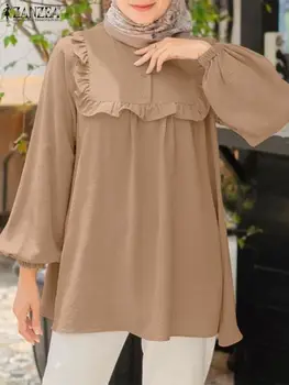 2023 ZANZEA Módne Hidžáb Topy Ženy s Dlhým Rukávom, Blúzky, Elegantné Volániky Práce Blusas Moslimského Turecka Blúzky Pevné Isamic Oblečenie