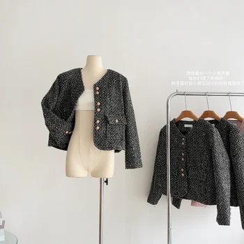 Nový Krátky Tweed Bunda Pre Ženy tvaru Singel svojim Jeseň Jar kórejský Elegantné Jednoduché Tuhé Kabát Vintage Outwear