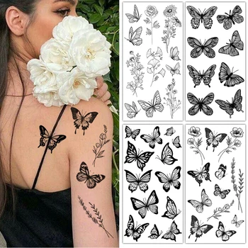 5 List Čierna Kvet, Motýľ, Dočasné Tetovanie Pre Ženy, Mužov Žijúcich Rastlín Falošné Tetovanie Nálepky Dospelých Tvár, Ruky Body Art Tetovanie