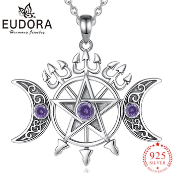 Eudora 925 Sterling Silver Triple Mesiac Pentagram Náhrdelník vložkou Fialová Zirkón Amulet Prívesok Osobnosti Čarodejnice Šperky pre Ženy