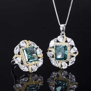 Elegantné 925 Sterling Silver Green Vysokým počtom atómov Uhlíka Diamant Luxusné Šperky Set Pre Ženy, Náhrdelník Krúžok Doprava Zadarmo, Deň matiek Darček