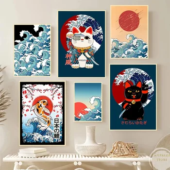 Retro Japonský Ukiyoe Plagát Kanagawa Vlna Koi Mačka Samuraja, Vlna, Plátno Na Maľovanie Na Stenu Umenie Výtlačkov Nordic Moderných Domov Stenu Decor