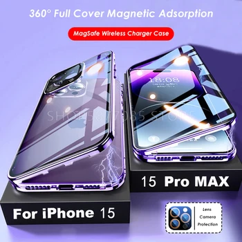360° Obojstranný Sklo puzdro Pre iPhone 15 14 13 12 11 Pro Plus Max Magnetické Adsorpcie Kovové Pracky Objektív Kryt Chrániť
