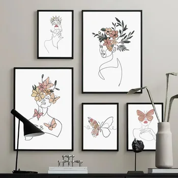 Žena Motýľ Mozgu Koruny Sexy Abstraktné Línie Umenie Plagátu Vytlačiť Plátno Minimalistický Dekorácie Domov Obrazy Pre Obývacia Izba