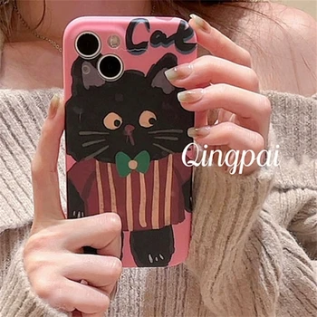 Kórejský Roztomilý Black Cat Hot Pink Telefón puzdro Pre iPhone 15 14 13 12 11 Pro Max XLovely Mačiatko Shockproof Mäkké Späť Zadný Kryt Funda